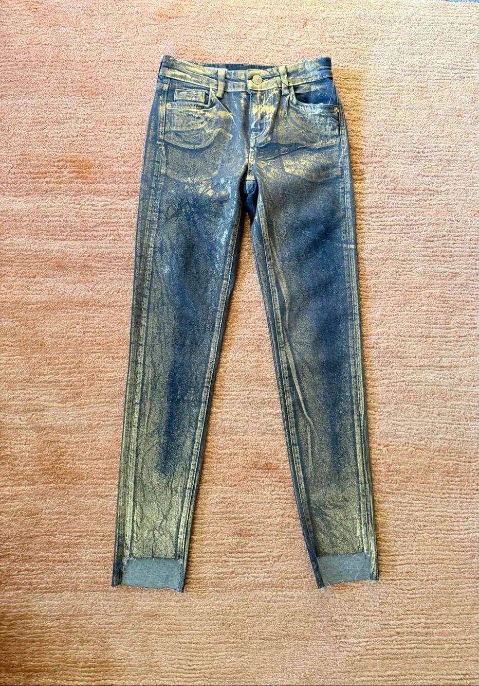 Zara Metallic Gold Coated Skinny Jeans Women Size 0 / EU 32 Blue Gold Stretch NW